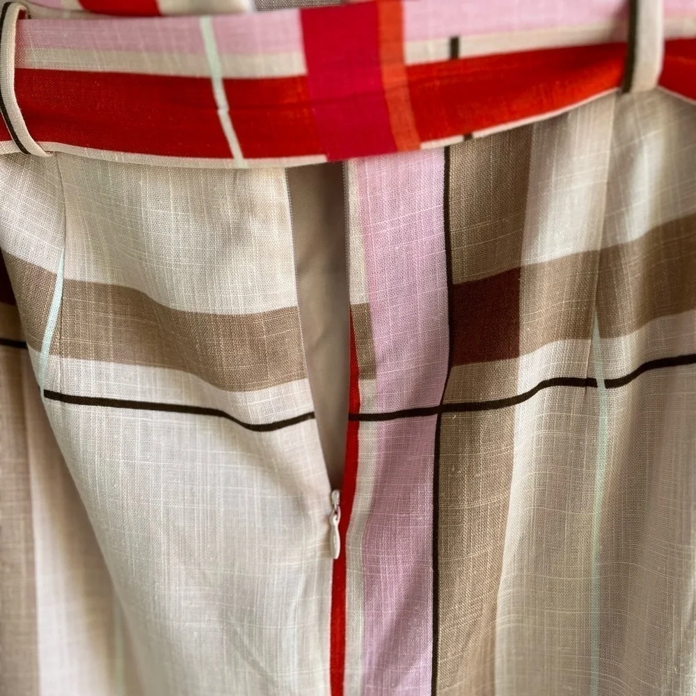 Ann Taylor Linen Blend Multi Colored Plaid Skirt Bow Belted Women’s 8P Pink Tan